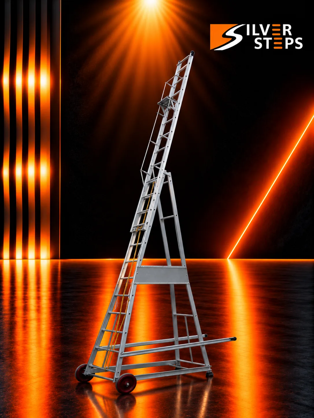 Silver Steps Heavy-Duty Industrial Trolley Wheel Ladder for Factories & Warehouses
